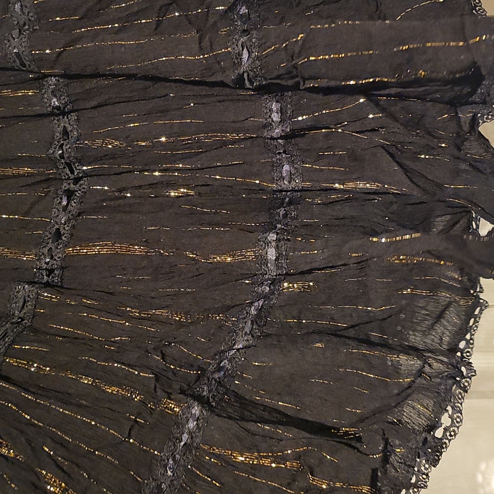 Derek Heart Black & Gold Tiered Boho Skirt | Metallic Thread Lace Trim | Size M - Picture 4 of 5
